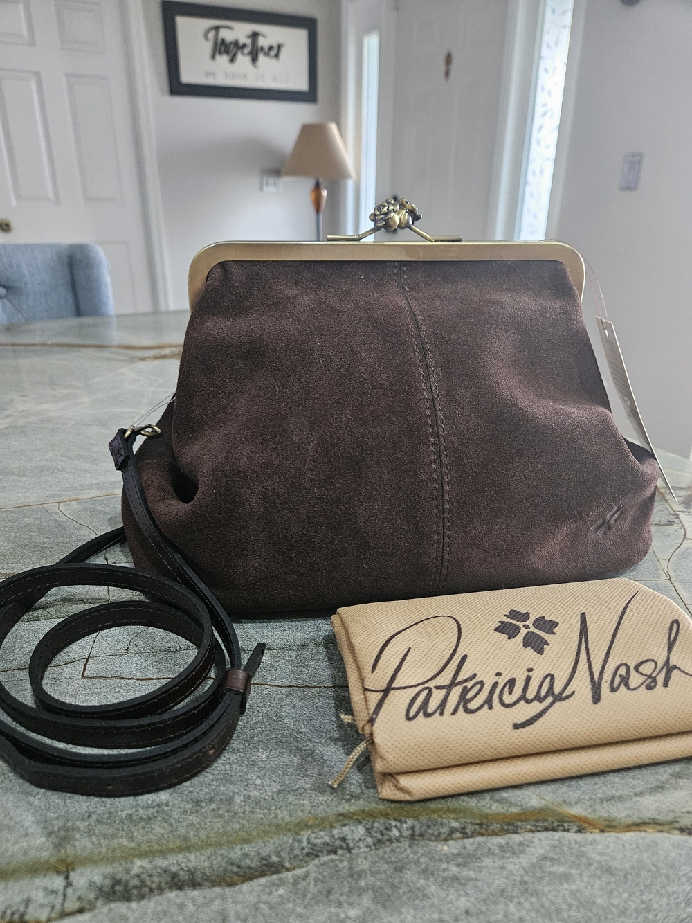 NWT Patricia Nash Sofia Chocolate Suede Kiss Lock Frame Bag Medium